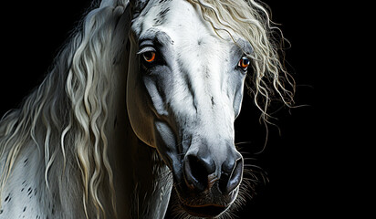 White horse isolated on black background. AI generated