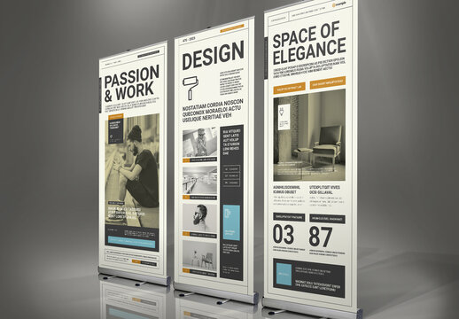 3 Modern Roll-up Banner Templates for Business, Freelancer or Agency in pale Colors 33x80 in