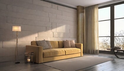 Corner sofa against window in room with stone cladding walls Farmhouse style interior design of modern living room