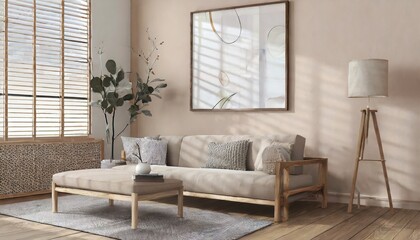 Naklejka na ściany i meble Corner sofa near grid window against beige wall with big art poster frame. Minimalist japandi home interior design of modern living room