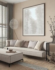 Corner sofa near grid window against beige wall with big art poster frame. Minimalist japandi home interior design of modern living room