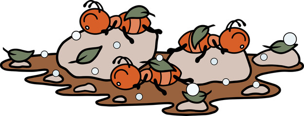 Winter environment, ants working, snow is snowing. Cute cartoon character