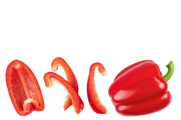 slices of red sweet bell pepper isolated on white background. Top view with copy space for your...