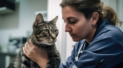 A woman holding a cat in her arms. An owner with ill pet in a vet clinics.