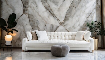 Cozy white sofa against marble stone wall Interior design of modern living room