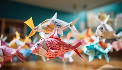 Group of Origami Fish on Wooden Table