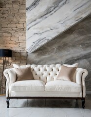 Cozy white sofa against marble stone wall Interior design of modern living room