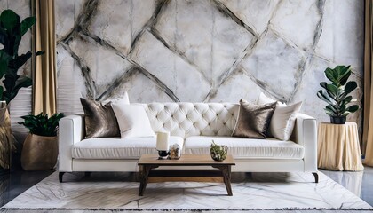 Cozy white sofa against marble stone wall Interior design of modern living room