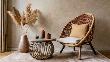 Fototapeta na wymiar Curved chair and accent side table against stucco wall with rustic decor. Boho home interior design of modern living
