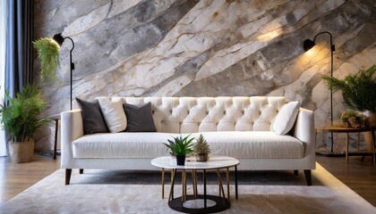 Cozy white sofa against marble stone wall Interior design of modern living room