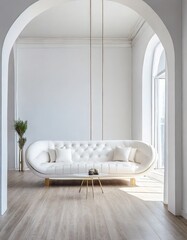 Curved white sofa in room with arch. Minimalist home interior design of modern living room
