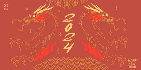 Chinese 2024 new year banner with simple traditional ornament and outline dragon portrait on red background. Bold form graphic design for calendar header, greetings cards, posters, print.