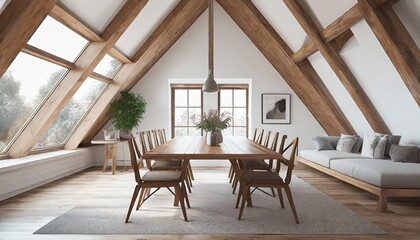 Dining table and chairs in attic with wood beams. Scandinavian interior design of modern dining room.