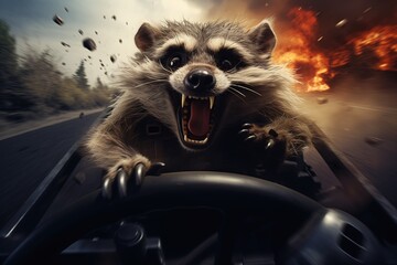driving car mouth open wide racoon disaster angry look face uses explosives reconstruction cartoon