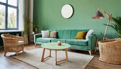 Ellipse coffee table near light green sofa and wicker chairs against green wall. Scandinavian home interior design of modern living room - obrazy, fototapety, plakaty