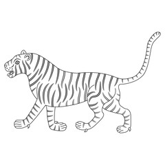Fototapeta na wymiar Walking tiger. Traditional animal design from India. Black and white linear silhouette.