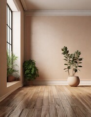 Empty room interior background, beige wall, pot with plant, wooden flooring 3d rendering