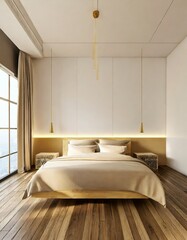 Fototapeta na wymiar Farmhouse interior design of modern bedroom with hardwood floor