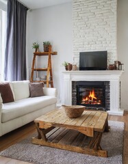 Fireplace decorated with stone tiles in minimalist interior design of modern living room with sofa