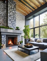 Fireplace decorated with stone tiles in minimalist interior design of modern living room with sofa