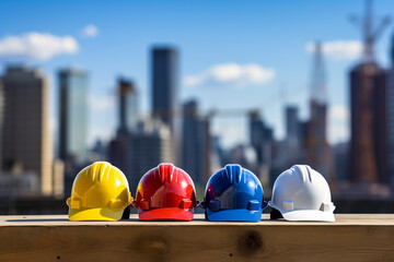Safety helmets and hard hats protect the head at construction, construction, and civil engineering sites. Urban building construction background. Concept for safety measures at work site.