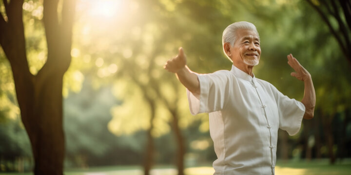 An Older Man In A White Shirt Is Standing In A Park.