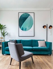 Gray lounge chair near teal sofa against wall with big art poster. Mid-century style home interior design of modern living room