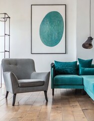 Gray lounge chair near teal sofa against wall with big art poster. Mid-century style home interior design of modern living room