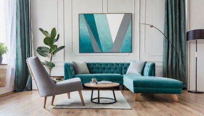 Gray lounge chair near teal sofa against wall with big art poster. Mid-century style home interior design of modern living room