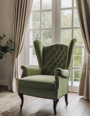 Green wingback chair near window. Classic home interior design of living room.