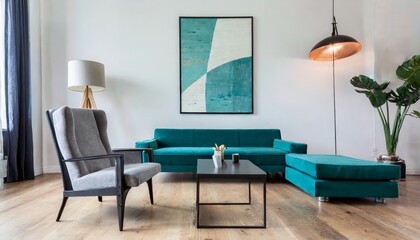Gray lounge chair near teal sofa against wall with big art poster. Mid-century style home interior design of modern living room