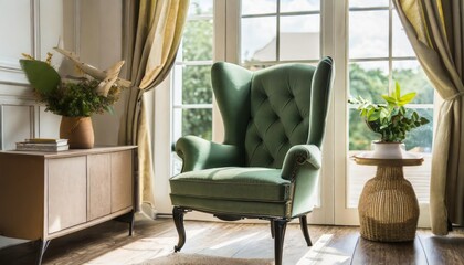 Green wingback chair near window. Classic home interior design of living room.
