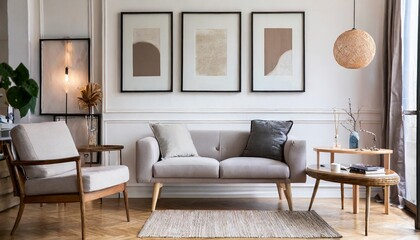 Grey chair and round coffee table near corner sofa against dark grey paneling wall. Scandinavian style home interior design of modern living room