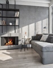 Barrel chair and round coffee table near grey corner fabric sofa against the wall with fireplace and bookshelves design. The interior design of the modern living