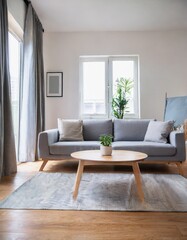 Fototapeta premium Grey chair and round coffee table near corner sofa against dark grey paneling wall. Scandinavian style home interior design of modern living room