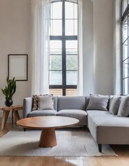 Fototapeta premium Grey chair and round coffee table near corner sofa against dark grey paneling wall. Scandinavian style home interior design of modern living room