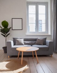 Grey chair and round coffee table near corner sofa against dark grey paneling wall. Scandinavian style home interior design of modern living room