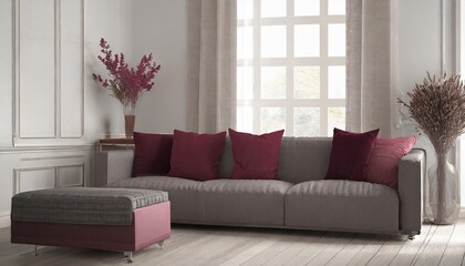 Grey sofa with maroon pillows. Farmhouse home interior design of modern living room