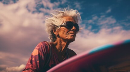 happy senior woman with surfboard at the beach,unaltered,active lifestyle