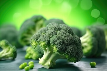 Fresh green broccoli on a green background. Close-up. Healthy food.