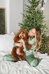 A Beautiful young woman with a golden brown labradoodle dog on christmas tree , bokeh light garland bacground. Cute Family puppy and girl play at home, new year decorated interior at Christmas 