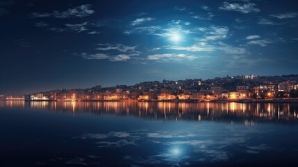 Fototapeta premium Urban lunar allure: Lantern lights reflect in the water under the radiant glow of a full moon over the city.