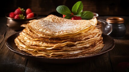 A stack of crepes on a dark brown wooden background, beautifully presented in rustic style. Top view perfection with a welcoming place for text.