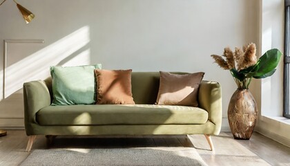 Light green sofa with brown and beige pillows against wall with copy space. Scandinavian home interior design of modern living room.