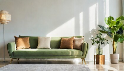 Light green sofa with brown and beige pillows against wall with copy space. Scandinavian home interior design of modern living room.