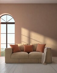 Loft home interior design of modern living room beige sofa with terra cotta pillows against arched window near stucco wall
