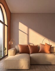 Loft home interior design of modern living room beige sofa with terra cotta pillows against arched window near stucco wall