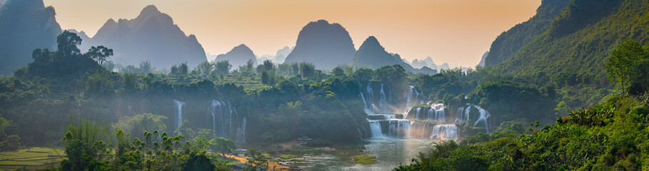 Aerial view of Ban Gioc Detian Falls along the Quay Son River on the Karst hills of Daxin County, Guangxi, China.
