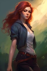 woman red hair jacket casual summer clothes chase thin lustrous long auburn looks talented harsh sunlight female cowgirl cleric