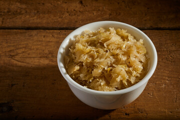 A bowl of homemade sauerkraut from an Amish farm in Lancaster County, Pennsylvania, USA